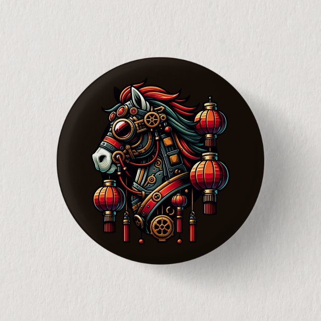 Steampunk Chinesisches Neujahrspferd Button (Vorderseite)