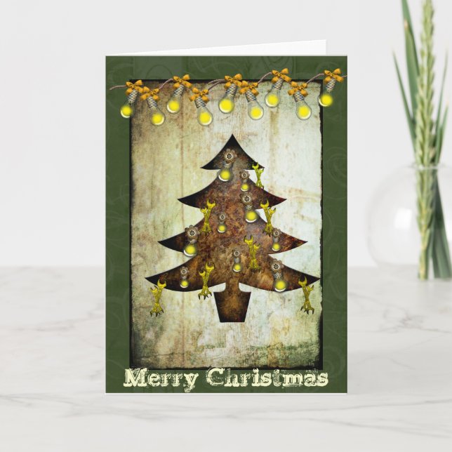 Steampunk Christmas Tree Weihnachtskarte Feiertagskarte (Vorderseite)