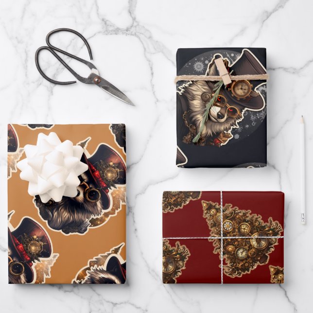 Steampunk Christmas Tree Wolf Raccoon 3 Patterns Geschenkpapier Set (Vorderseite)