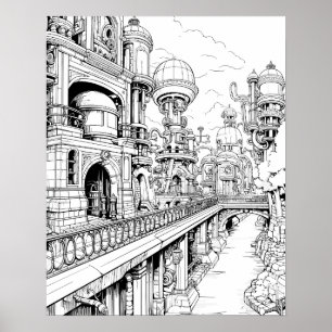 Steampunk City Coloring Poster