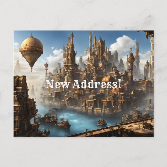 Steampunk City mit Balloon neue Adresse Postkarte (Vorderseite)