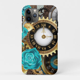 Steampunk Clock and Turquoise Roses on Striped Case-Mate iPhone Hülle