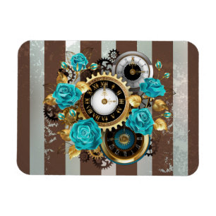 Steampunk Clock and Turquoise Roses on Striped Magnet