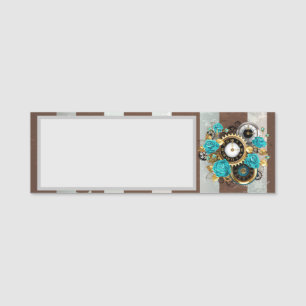 Steampunk Clock and Turquoise Roses on Striped Namensschild