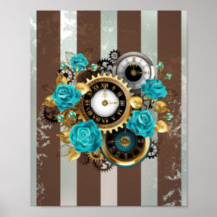 Steampunk Clock and Turquoise Roses on Striped Poster
