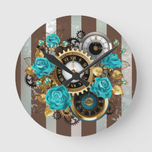 Steampunk Clock and Turquoise Roses on Striped Runde Wanduhr