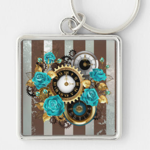 Steampunk Clock and Turquoise Roses on Striped Schlüsselanhänger