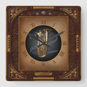 Steampunk Clock~Doublophone~Double Bell Euphonium~ Quadratische Wanduhr