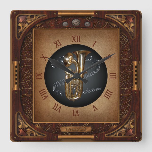 Steampunk Clock~Doublophone~Double Bell Euphonium~ Quadratische Wanduhr (Vorderseite)