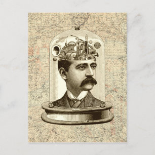 Steampunk clockwork brain head in jar postkarte