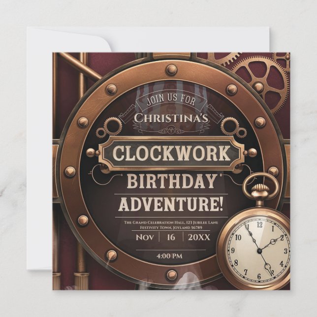 Steampunk Clockwork Vintag Geburtstagsparty Einladung (Vorderseite)