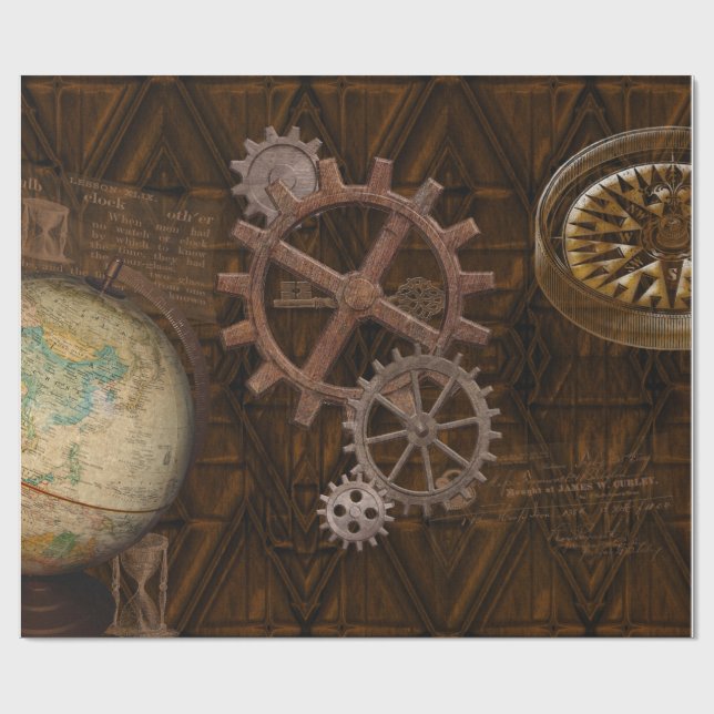 Steampunk Cogs , Gears & World Globe Design Geschenkpapier (Flach)