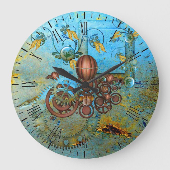 Steampunk Collage Aqua Kupfer Wandklemme Große Wanduhr (Vorderseite)