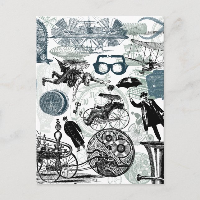 Steampunk-Collage koloriert Postkarte (Vorderseite)