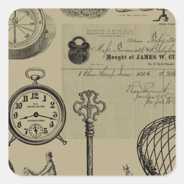 Steampunk Collage Quadratischer Aufkleber (Vorderseite)