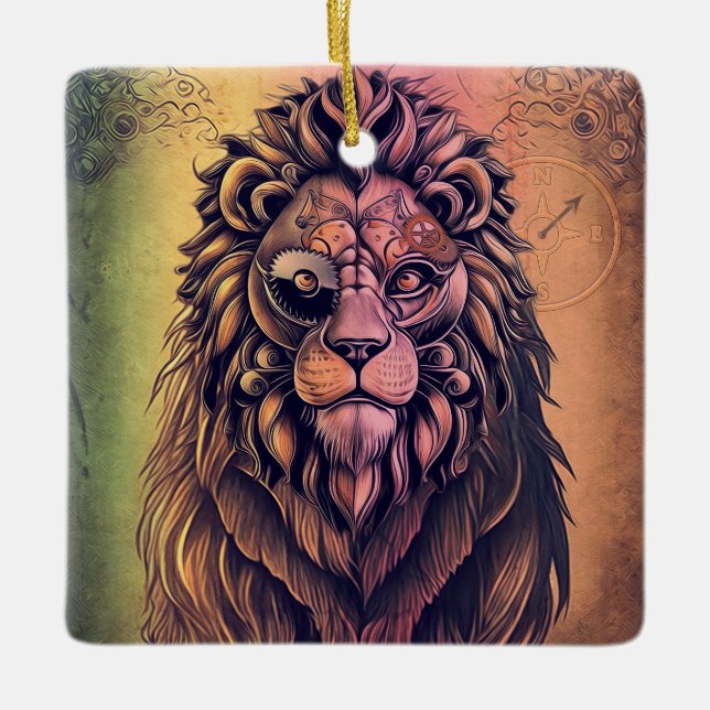 Steampunk Color Gradient Rustikale Lion Keramikornament (Vorderseite)