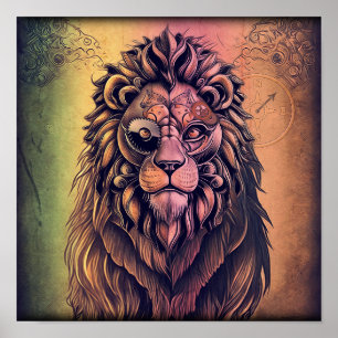 Steampunk Color Gradient Rustikale Lion Poster