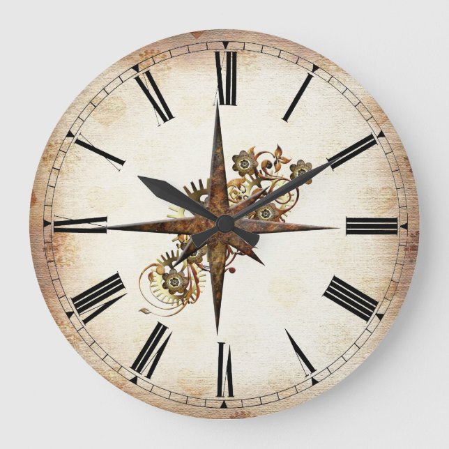 Steampunk Compass Star Große Wanduhr (Vorderseite)