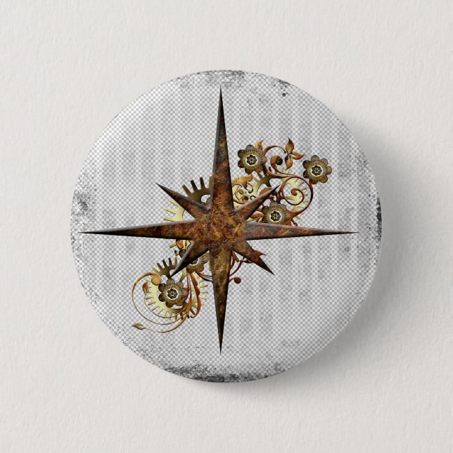 Steampunk Compass Star Grunge Button (Vorderseite)