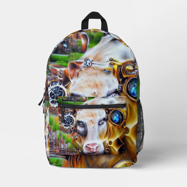 Steampunk Cyber Cow Bedruckter Rucksack (Vorderseite)