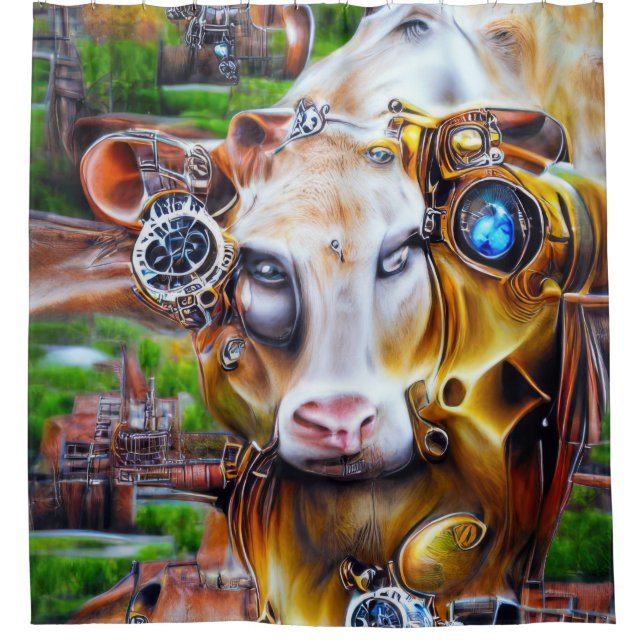 Steampunk Cyber Cow Duschvorhang (Vorderseite)