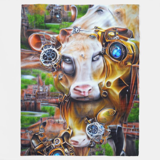 Steampunk Cyber Cow Fleecedecke (Vorderseite)