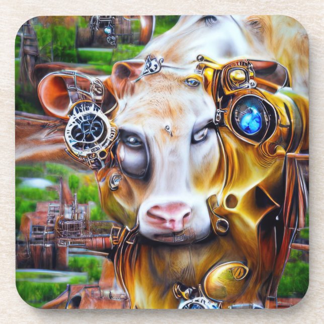 Steampunk Cyber Cow Getränkeuntersetzer (Vorderseite)