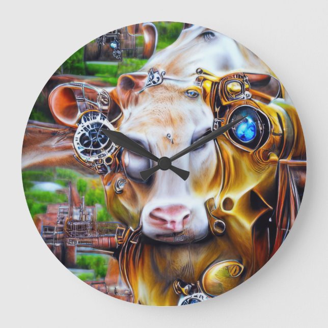 Steampunk Cyber Cow Große Wanduhr (Vorderseite)