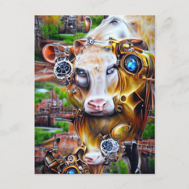 Steampunk Cyber Cow Postkarte (Vorderseite)