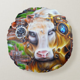 Steampunk Cyber Cow Rundes Kissen