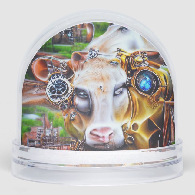 Steampunk Cyber Cow Schneekugeln (Vorderseite)