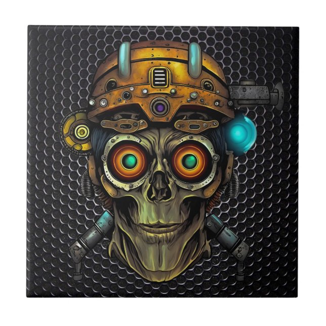 Steampunk-Cyborg-Schädel Keramikfliese (Vorderseite)