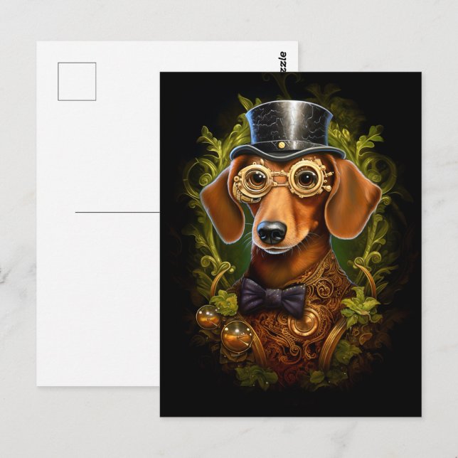 Steampunk Dachshund Hund in Hutname 149 Postkarte (Vorne/Hinten)
