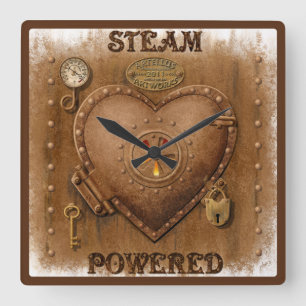 Steampunk-Dampfbetriebenes Herz Quadratische Wanduhr