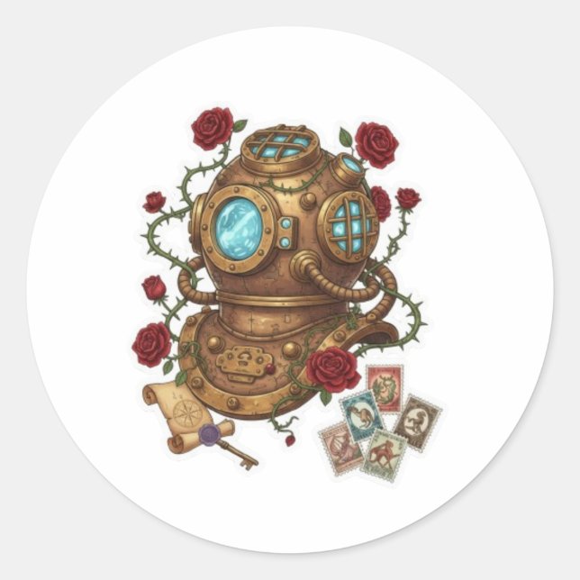 Steampunk Deep Sea Diver Helmet Fantasy Illustrati Runder Aufkleber (Vorderseite)