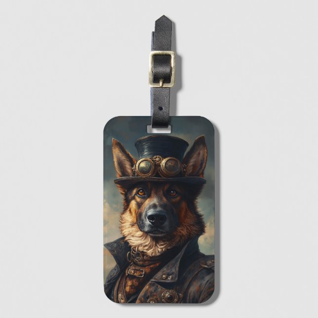 Steampunk-Deutscher-Schaferhund mit Zylinder Gepäckanhänger (Vorderseite Vertikal)