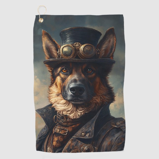 Steampunk Deutscher Schäferhund mit Zylinder Golfhandtuch (Vorderseite)