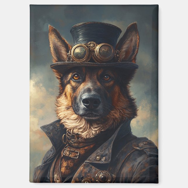 Steampunk Deutscher Schäferhund mit Zylinder Magnet (Vorderseite)
