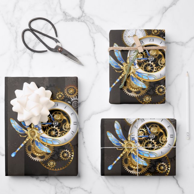 Steampunk-Dials mit Dragonfly Geschenkpapier Set (Vorderseite)