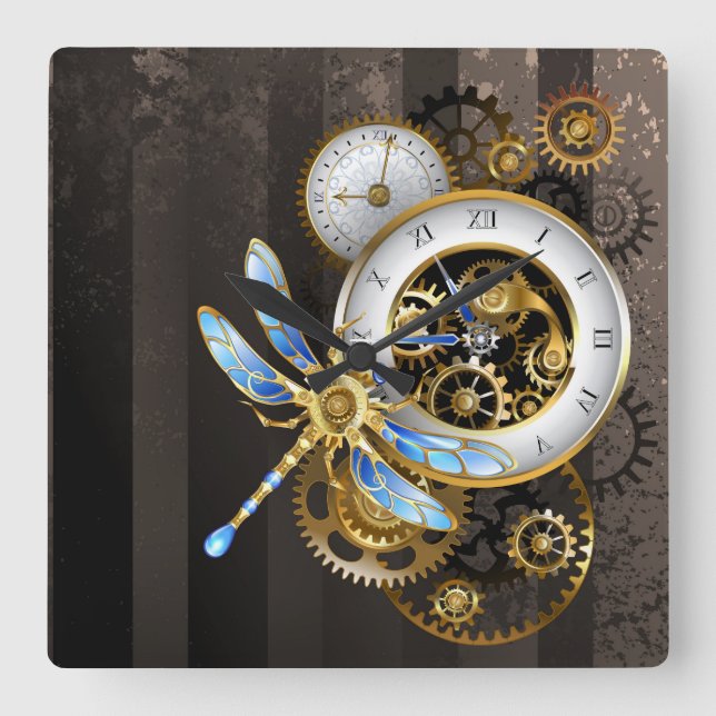 Steampunk-Dials mit Dragonfly Quadratische Wanduhr (Vorderseite)