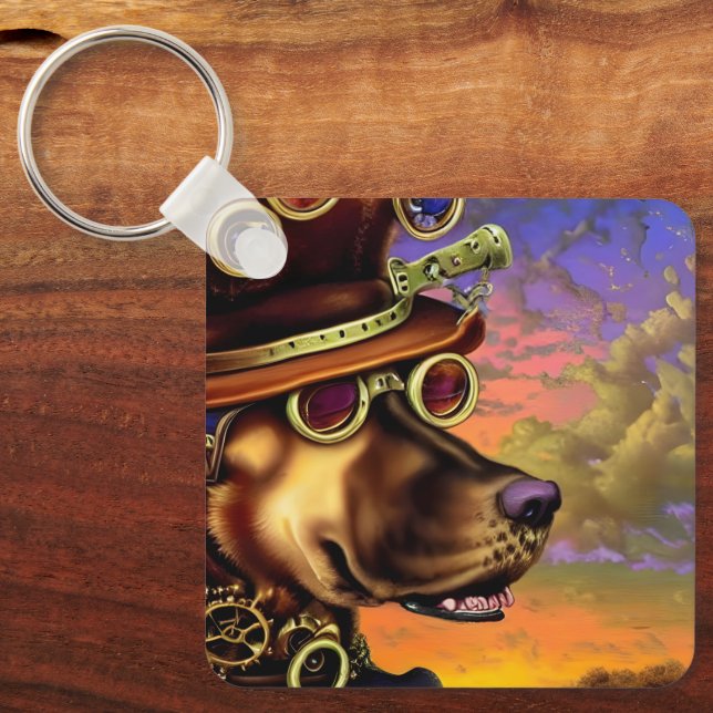 Steampunk Digital Art Dog Portrait Schlüsselanhänger (Vorderseite)