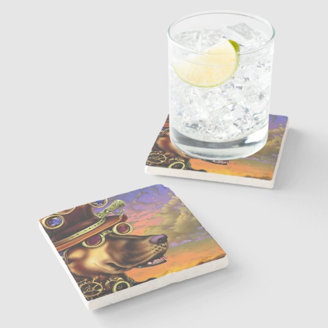 Steampunk Digital Art Dog Portrait Steinuntersetzer (Seitenansicht)