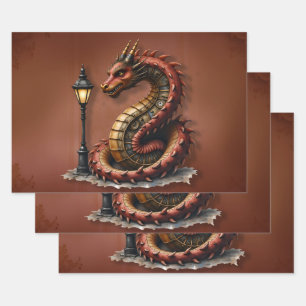 Steampunk Dragon neben einer Vintagen Straßenlater Geschenkpapier Set