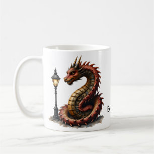 Steampunk Dragon neben einer Vintagen Straßenlater Kaffeetasse