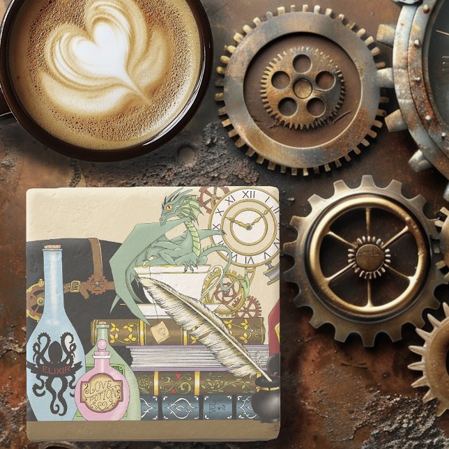 Steampunk Dragon Pooks Books Steinuntersetzer (Von Creator hochgeladen)