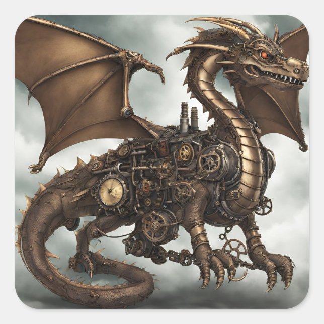 Steampunk Dragon Quadratischer Aufkleber (Vorderseite)
