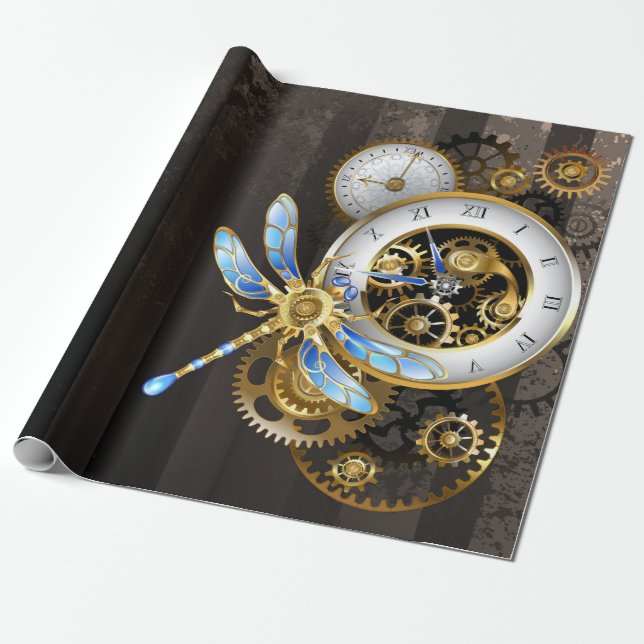 Steampunk-Drehknöpfe mit Libelle Geschenkpapier (Ungerollt)
