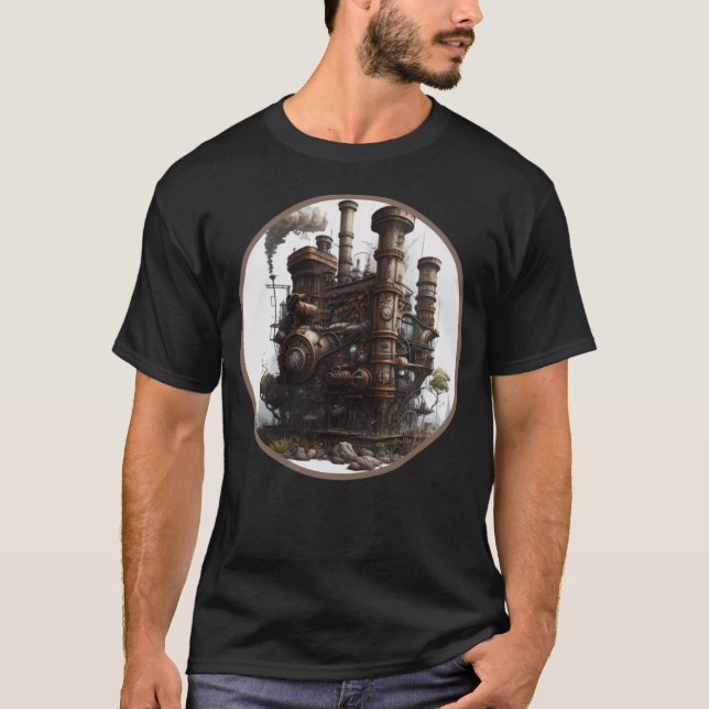 Steampunk Dystopian City Retro Scifi Mechanische T-Shirt (Vorderseite)
