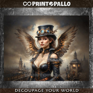 Steampunk-Engel mit Zylinder über viktorianischem Seidenpapier