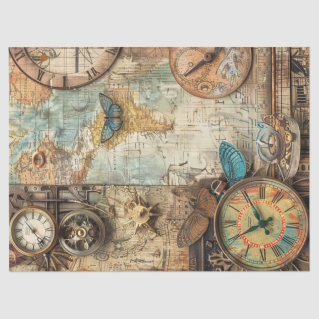Steampunk Ephemera Clock Map Gears Decoupage Seidenpapier (Vorderseite)